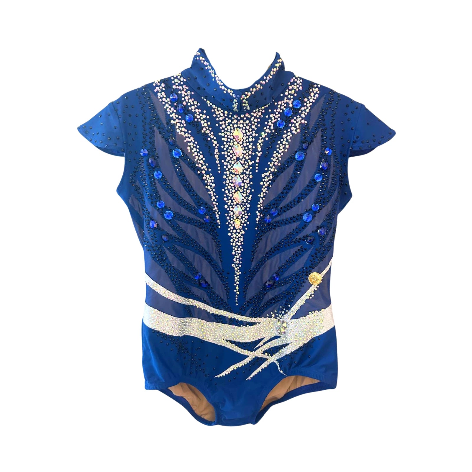 Justaucorps de gymnastique rythmique bleu marine à manches courtes avec col montant, strass cristal AB et bleus, et ceinture argentée