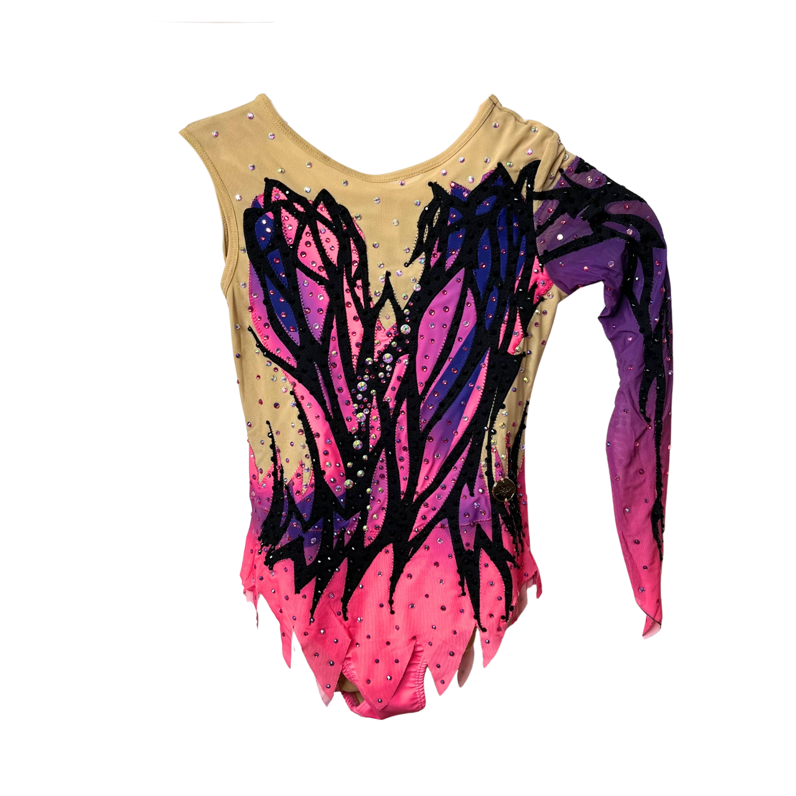 Justaucorps de gymnastique rythmique rose et violet à manches asymétriques avec broderies noires en pétales et strass cristal AB