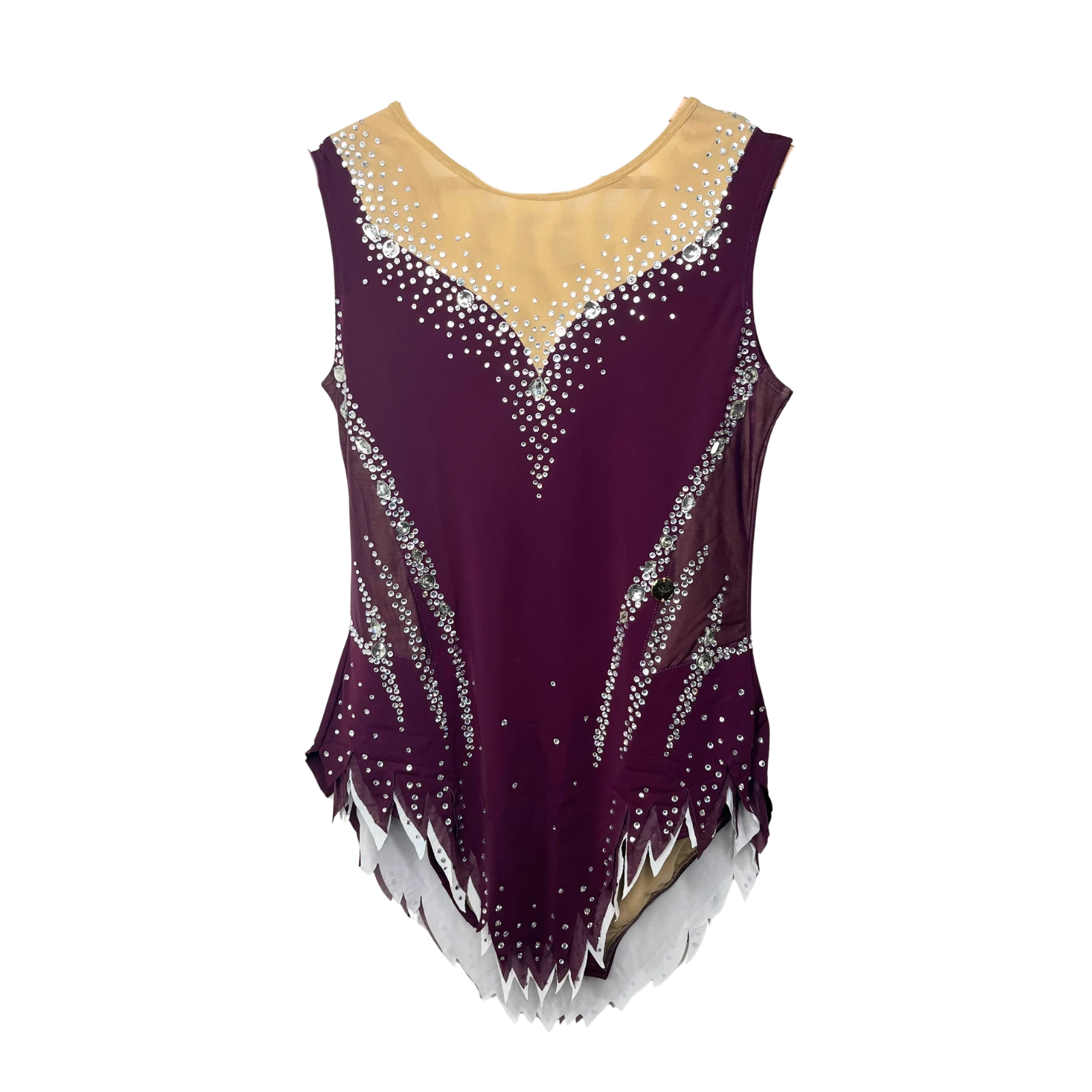 Justaucorps de gymnastique rythmique violet aubergine sans manches avec décolleté illusion mesh, strass cristal AB et jupette en pointes blanches