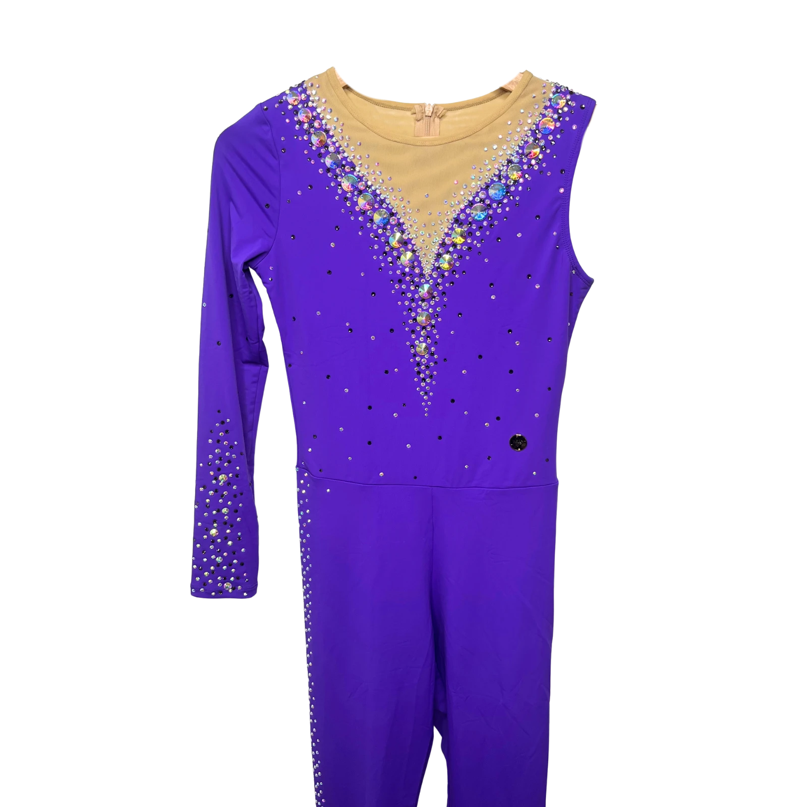 Académique de gymnastique rythmique violet à manches asymétriques avec décolleté en V mesh chair, strass cristal AB et jambes longues