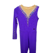 Académique de gymnastique rythmique violet à manches asymétriques avec décolleté en V mesh chair, strass cristal AB et jambes longues