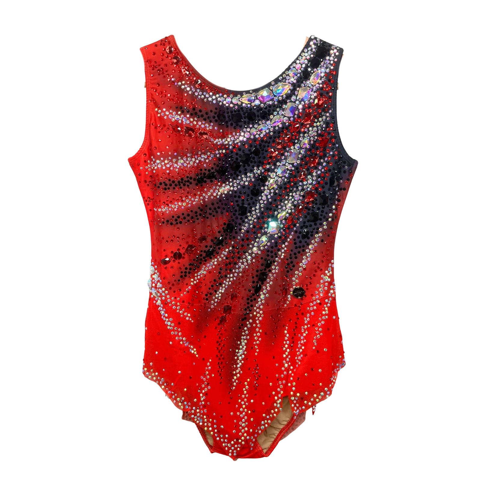 Justaucorps de gymnastique rythmique rouge et noir sans manches avec encolure ornée de pierres taillées et strass cristal AB en cascade