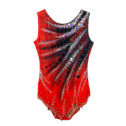 Justaucorps de gymnastique rythmique rouge et noir sans manches avec encolure ornée de pierres taillées et strass cristal AB en cascade