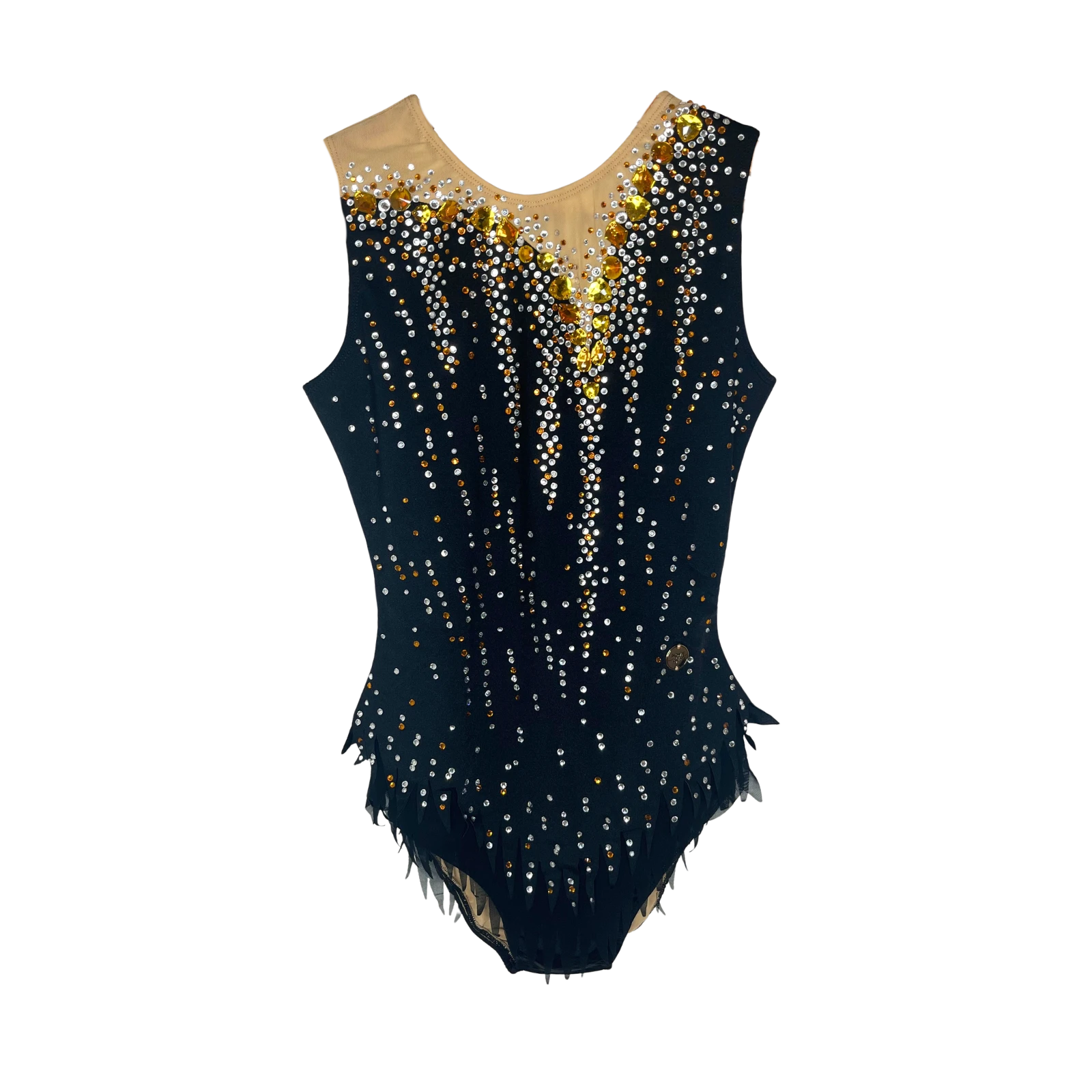Justaucorps de gymnastique rythmique noir sans manches avec décolleté illusion, strass dorés et argentés en cascade et jupe à pétales asymétriques noirs