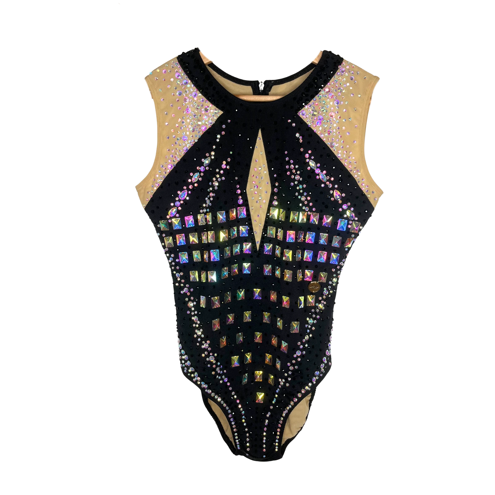 Justaucorps de gymnastique rythmique noir sans manches avec mesh chair aux épaules, strass rectangulaires irisés multicolores et découpe centrale