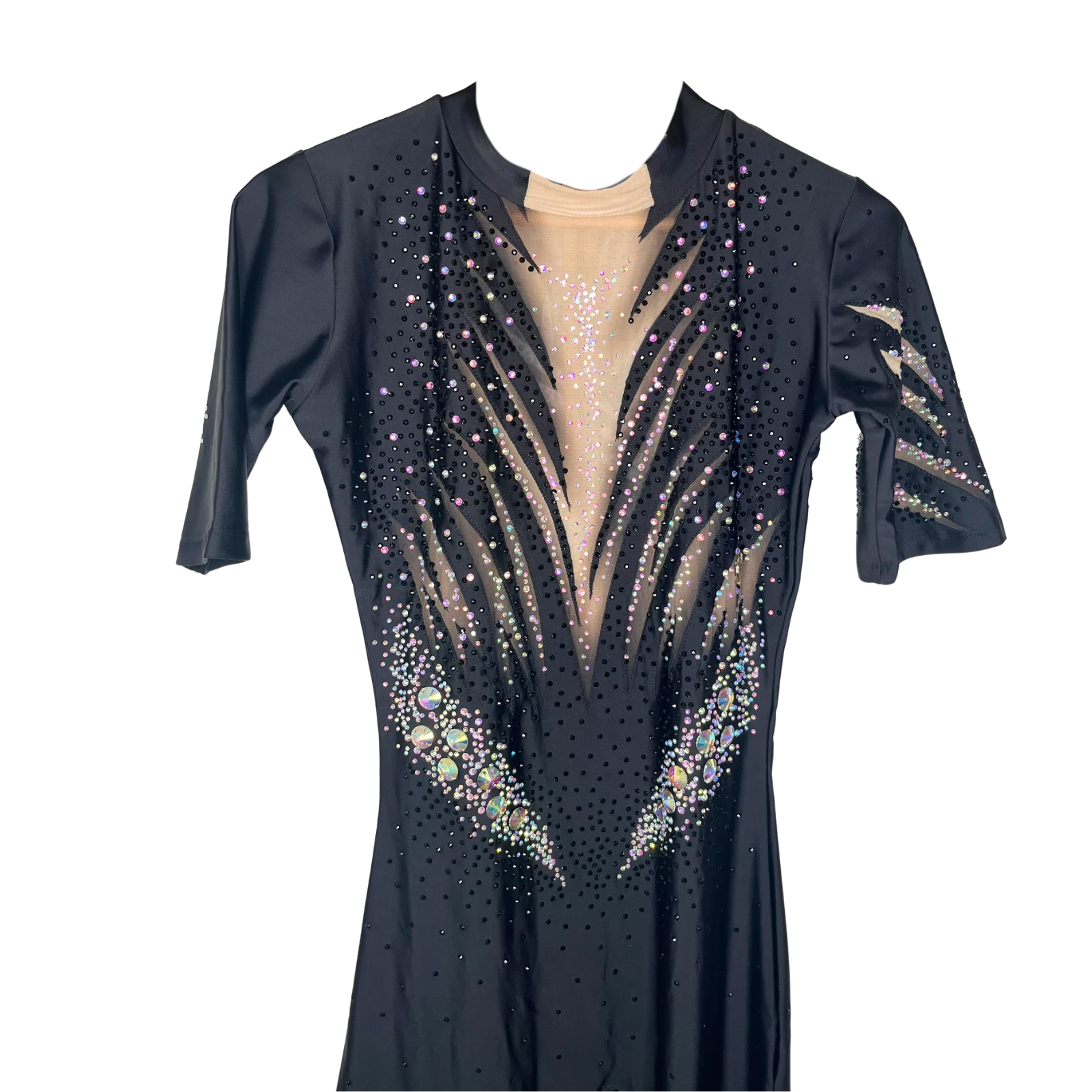 Académique de gymnastique rythmique noir à manches courtes avec col montant, strass cristal AB et noirs en motif rayonnant et jambes longues