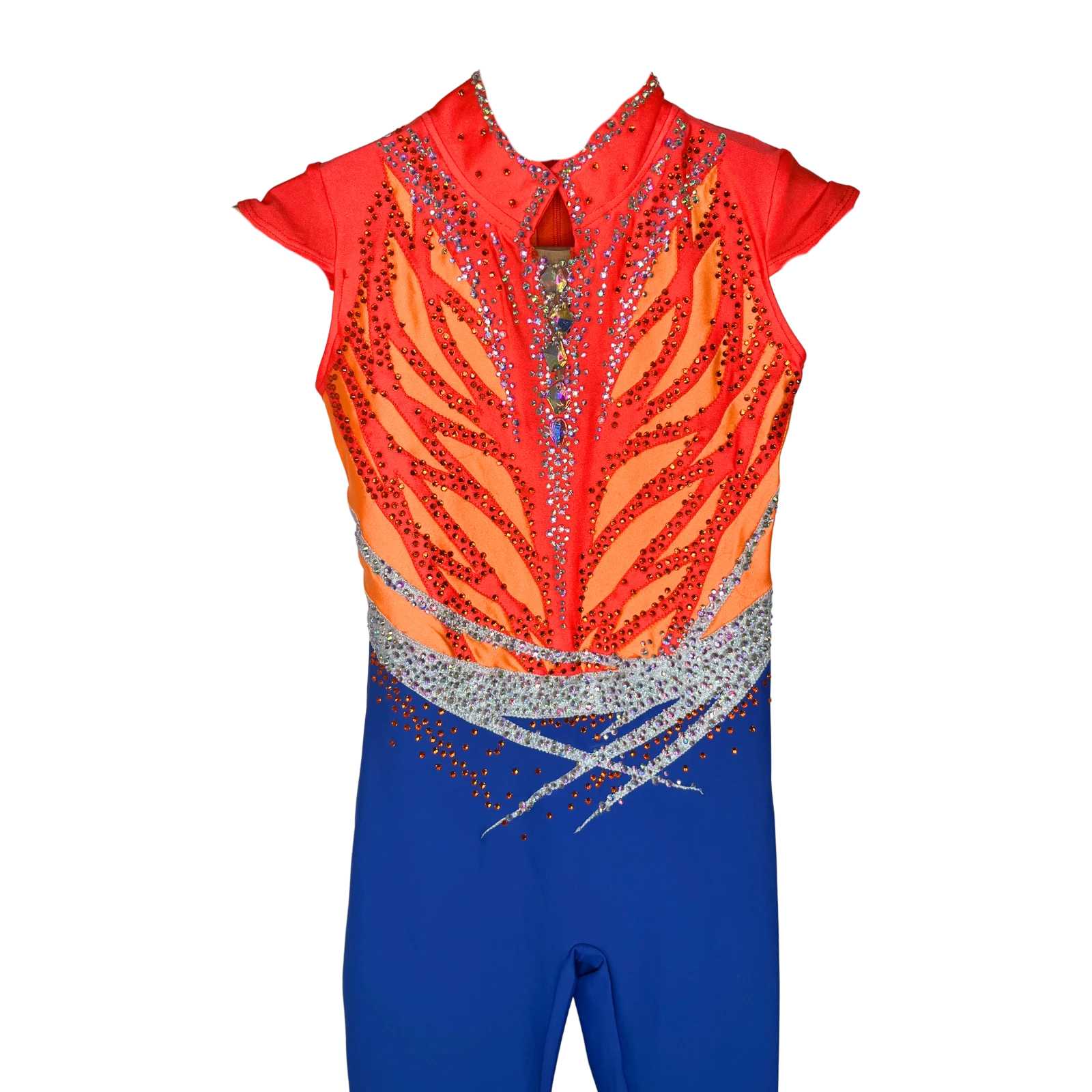 Académique de gymnastique rythmique avec buste rouge corail et orange et jambes longues bleu roi, manches courtes, motif flammes et ceinture argentée