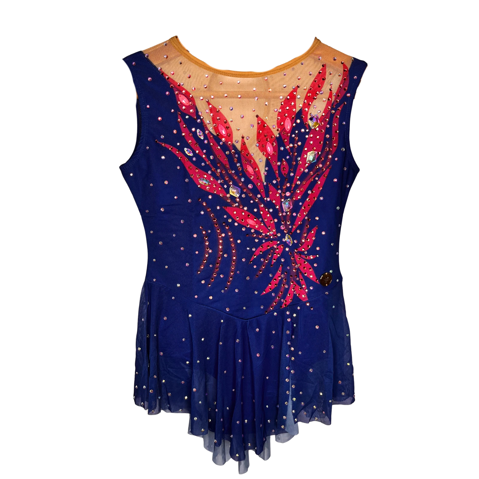 Justaucorps de gymnastique rythmique bleu marine sans manches avec motif flammes roses brodées et jupette fluide