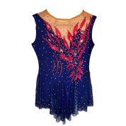 Justaucorps de gymnastique rythmique bleu marine sans manches avec motif flammes roses brodées et jupette fluide