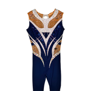 Académique de gymnastique rythmique bleu marine sans manches avec motif géométrique blanc et beige, strass cristal AB et jambes longues