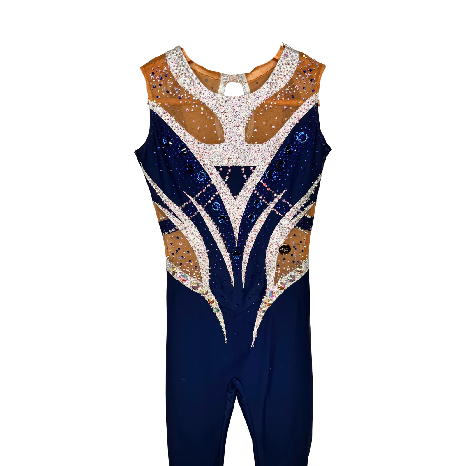 Académique de gymnastique rythmique bleu marine sans manches avec motif géométrique blanc et beige, strass cristal AB et jambes longues