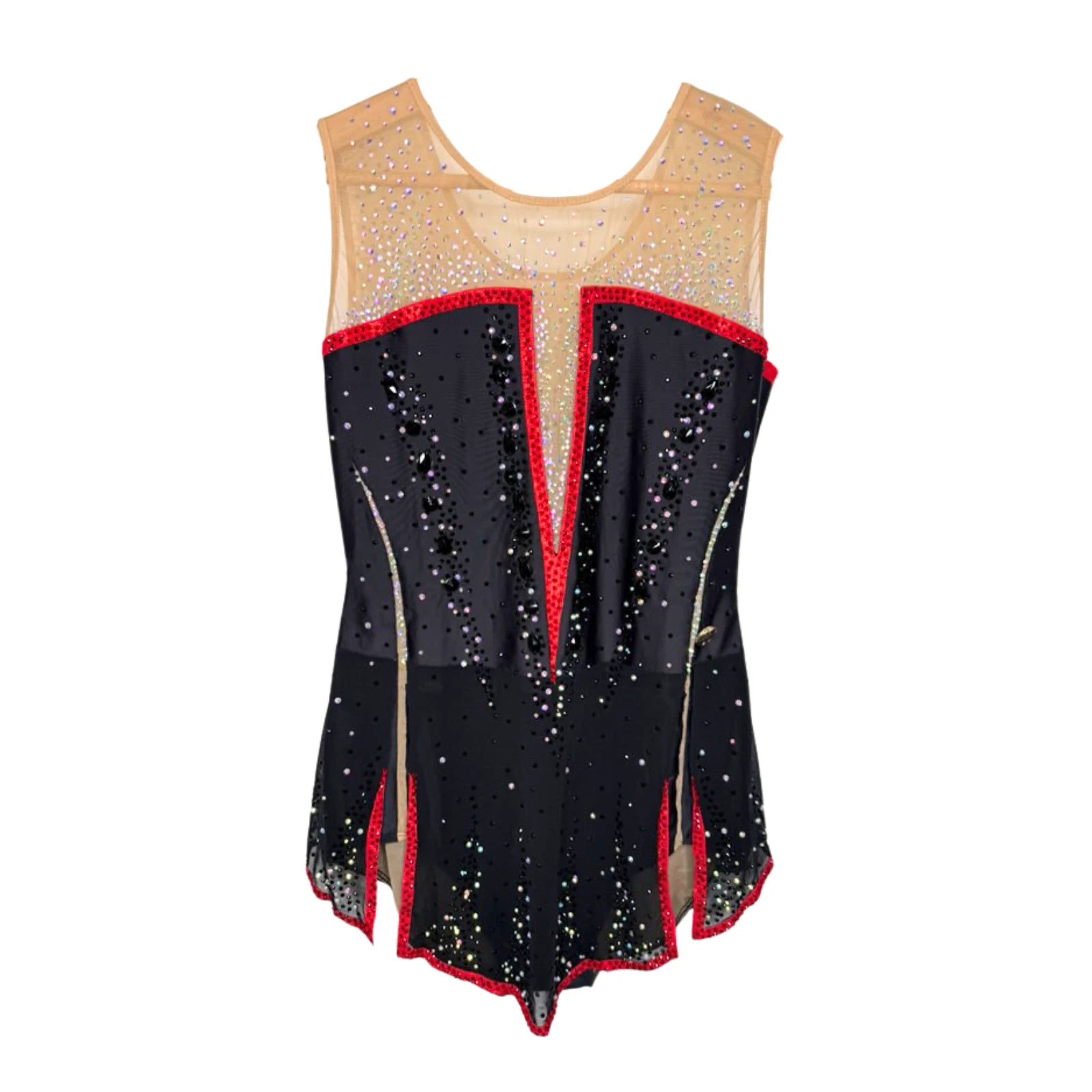 Justaucorps de gymnastique rythmique noir sans manches avec liserés rouges, décolleté illusion mesh chair et strass cristal AB