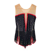 Justaucorps de gymnastique rythmique noir sans manches avec liserés rouges, décolleté illusion mesh chair et strass cristal AB
