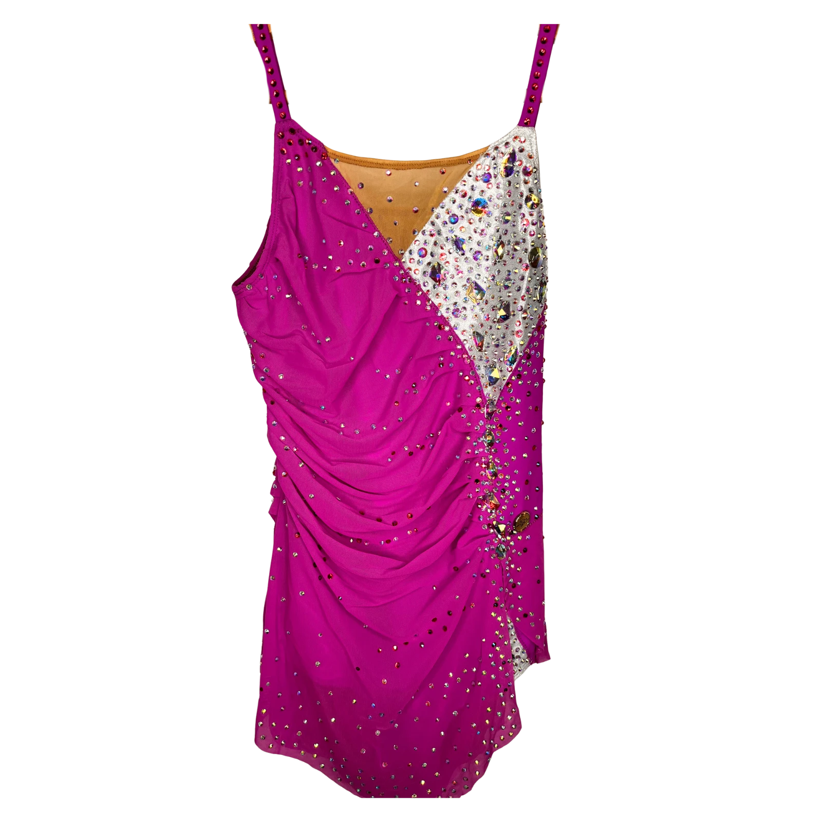 Justaucorps de gymnastique rythmique rose magenta sans manches avec drapé asymétrique, panneau blanc à pierres irisées et fines bretelles