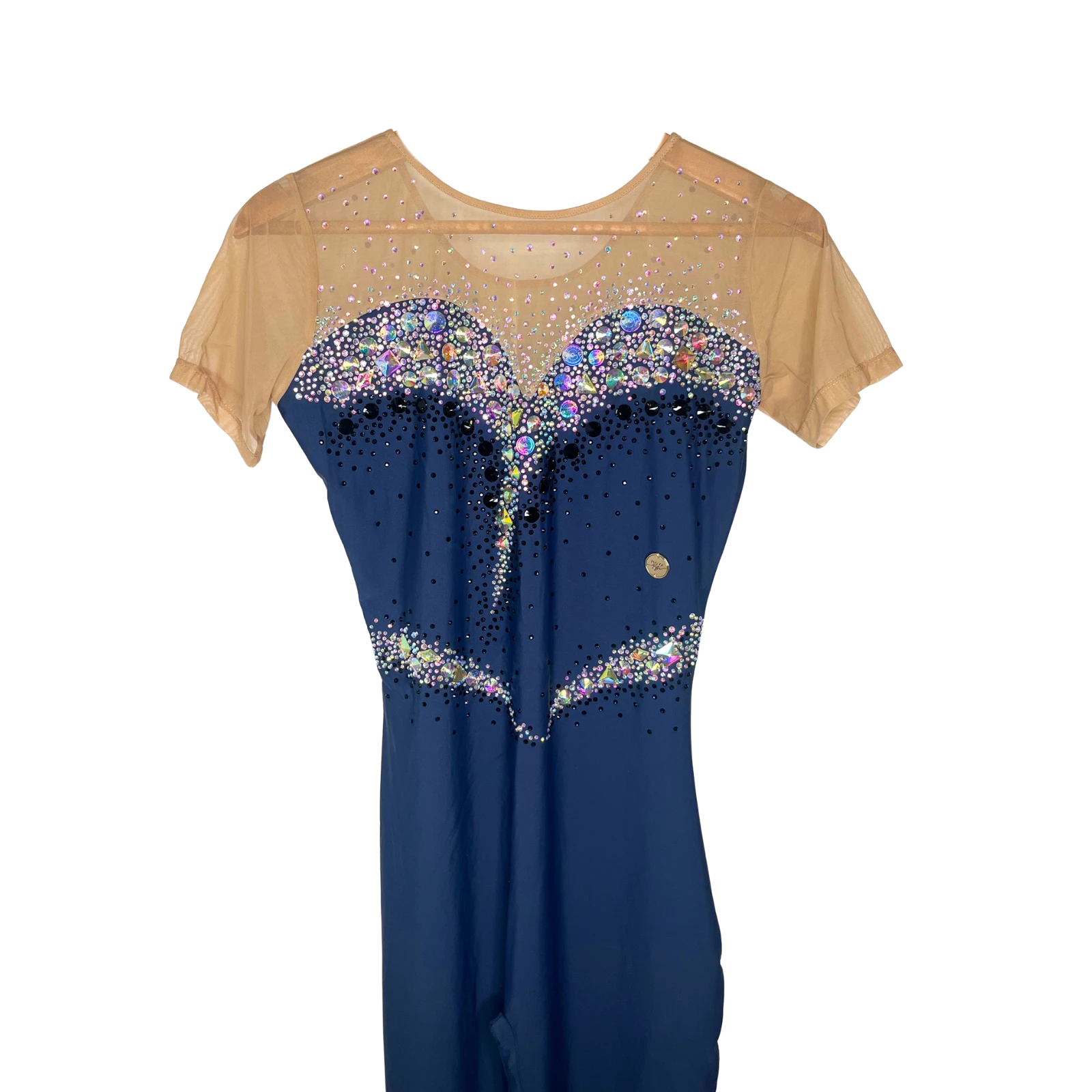 Académique de gymnastique rythmique bleu marine à manches courtes mesh chair avec motif coeur orné de pierres irisées et jambes longues