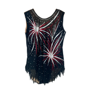 Justaucorps de gymnastique rythmique noir sans manches avec motif feux d'artifice rouges et blancs en strass et bas en pointes mesh