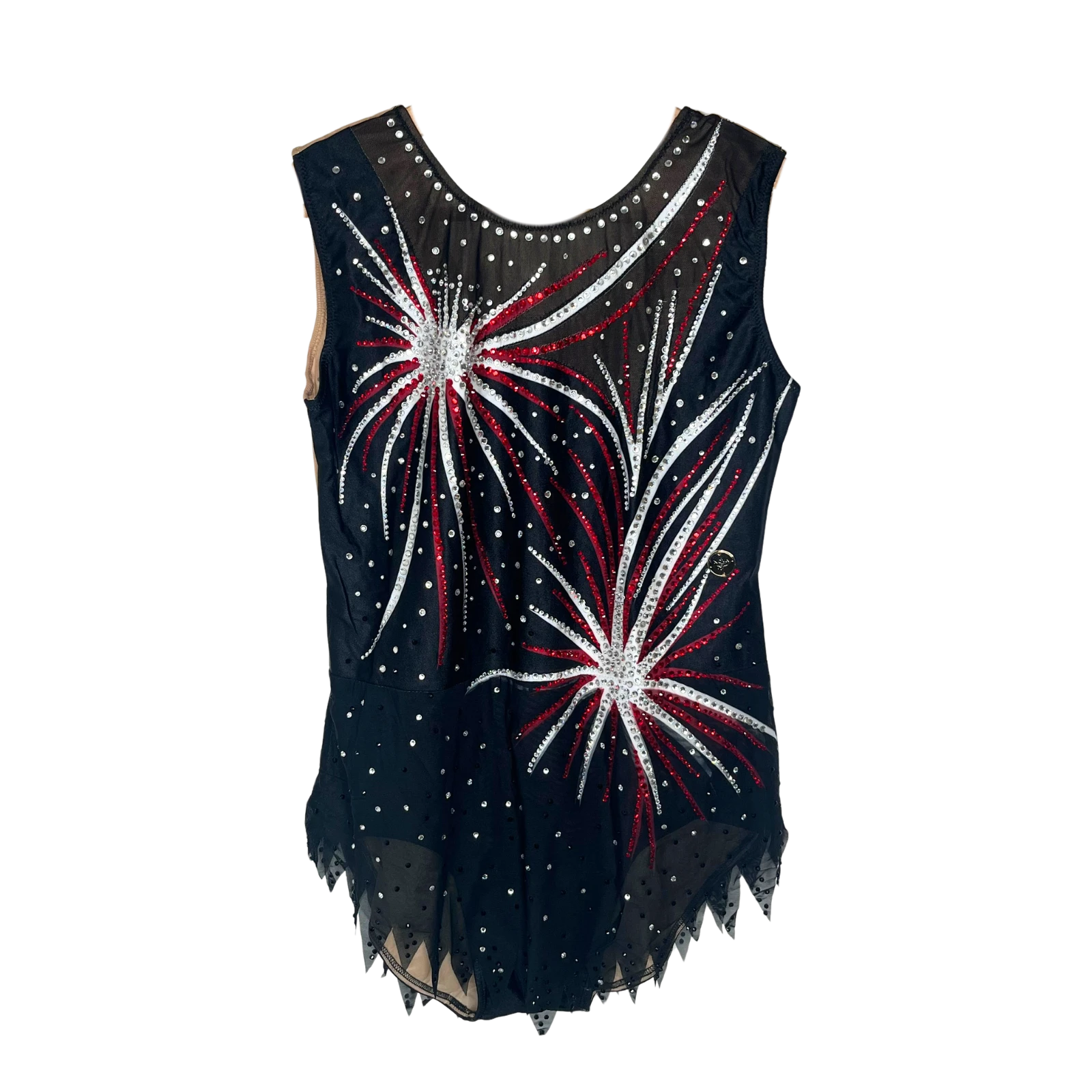 Justaucorps de gymnastique rythmique noir sans manches avec motif feux d'artifice rouges et blancs en strass et bas en pointes mesh