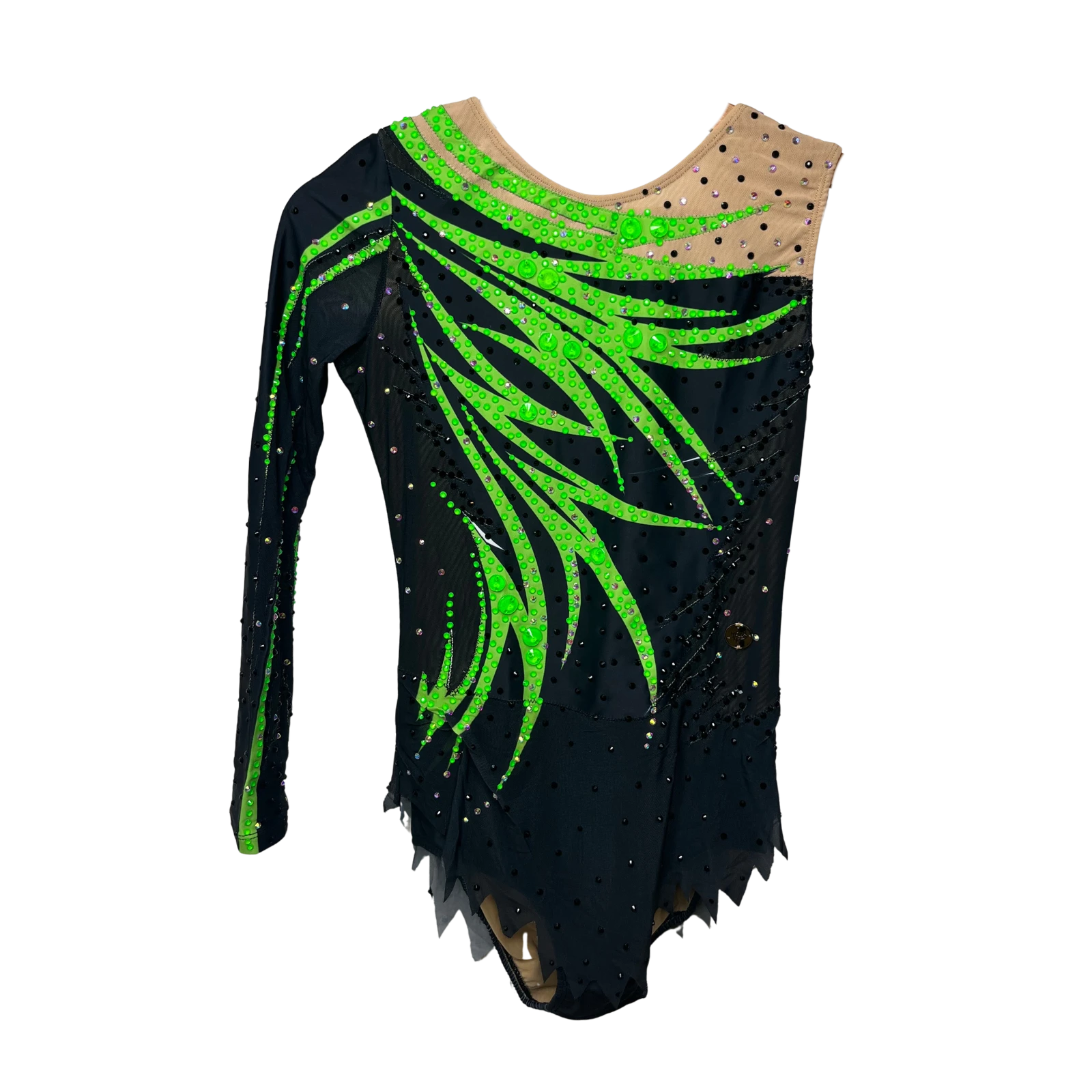 Justaucorps de gymnastique rythmique noir à manches asymétriques avec motif feuilles vert fluo et jupe à pointes