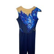 Académique de gymnastique rythmique bleu marine sans manches avec motif géométrique cristaux bleus et argent, jambes longues