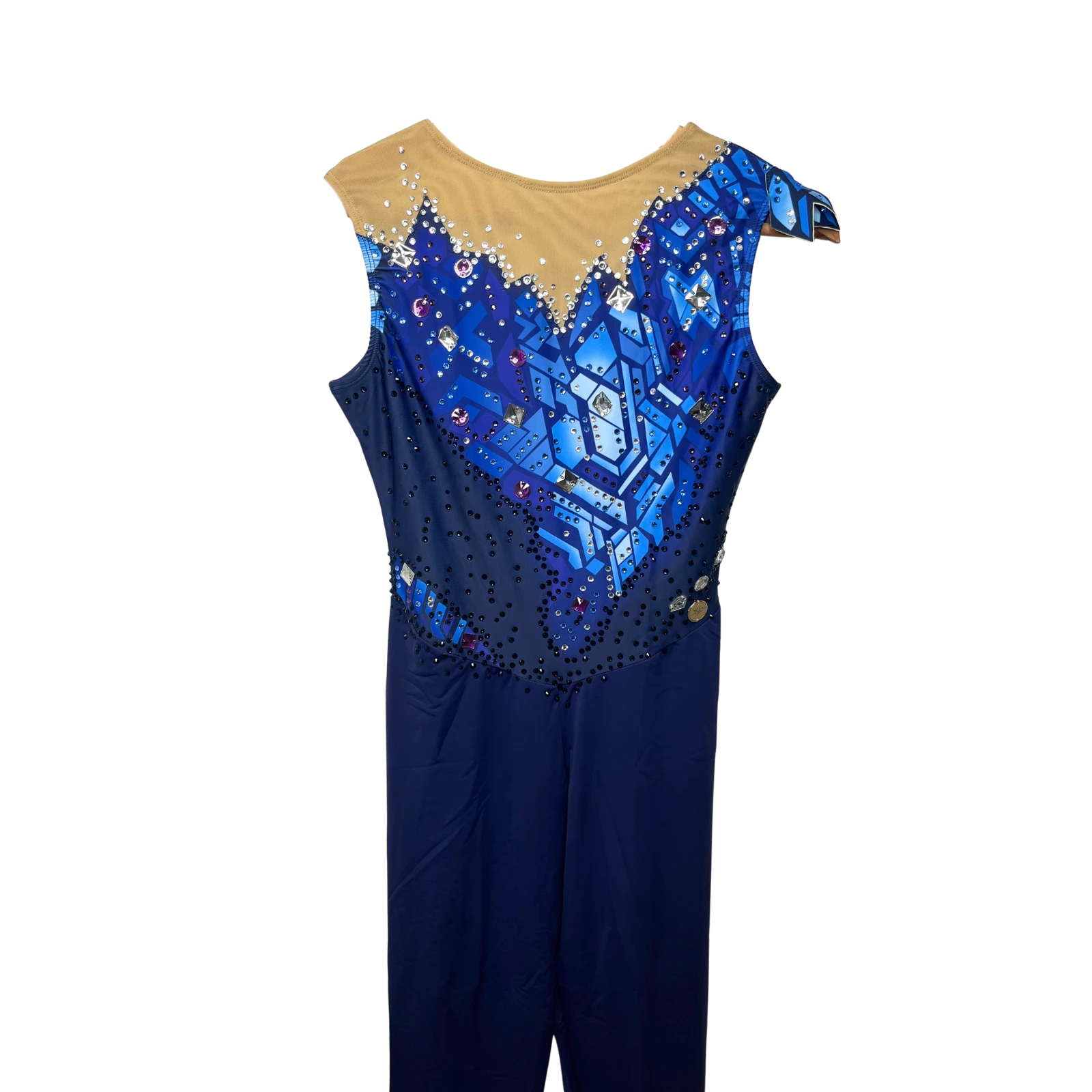 Académique de gymnastique rythmique bleu marine sans manches avec motif géométrique cristaux bleus et argent, jambes longues