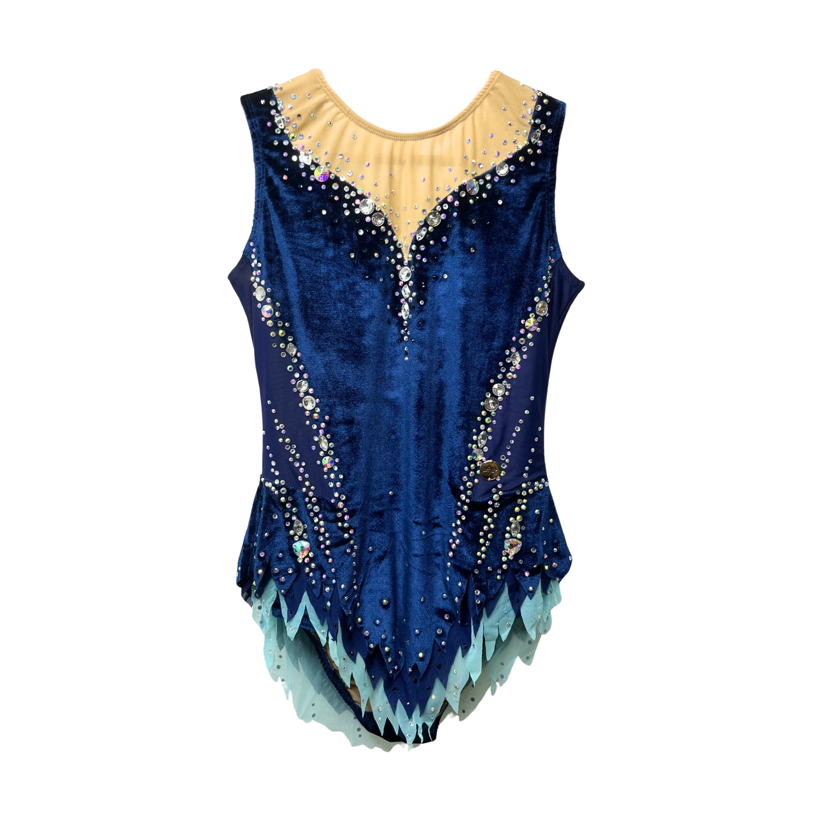 Justaucorps de gymnastique rythmique en velours bleu marine sans manches avec décolleté illusion, strass cristal AB et jupe à pétales bicolores bleu marine et bleu clair