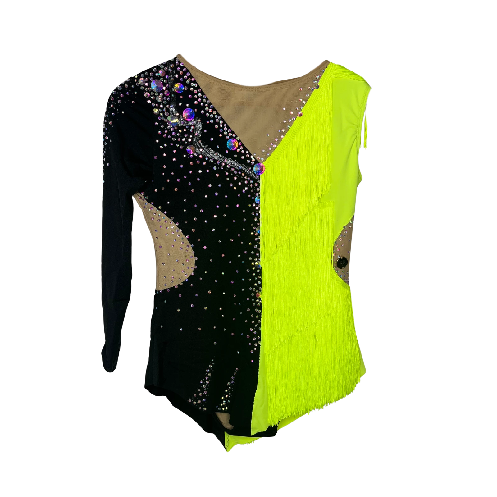 Justaucorps de gymnastique rythmique bicolore noir et jaune fluo à manches asymétriques avec franges latérales et strass cristal AB