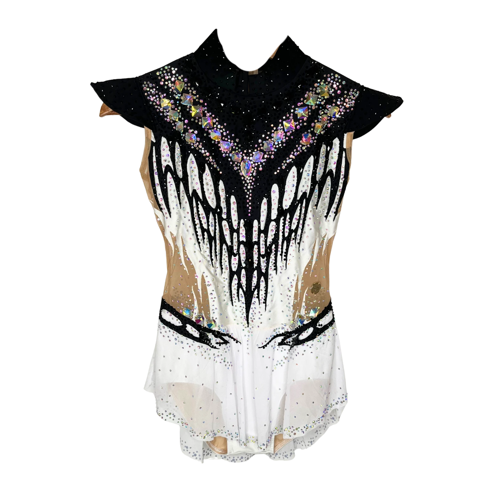 Justaucorps de gymnastique rythmique blanc et noir à manches courtes avec col montant, broderies noires drapées et pierres taillées multicolores