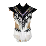 Justaucorps de gymnastique rythmique blanc et noir à manches courtes avec col montant, broderies noires drapées et pierres taillées multicolores