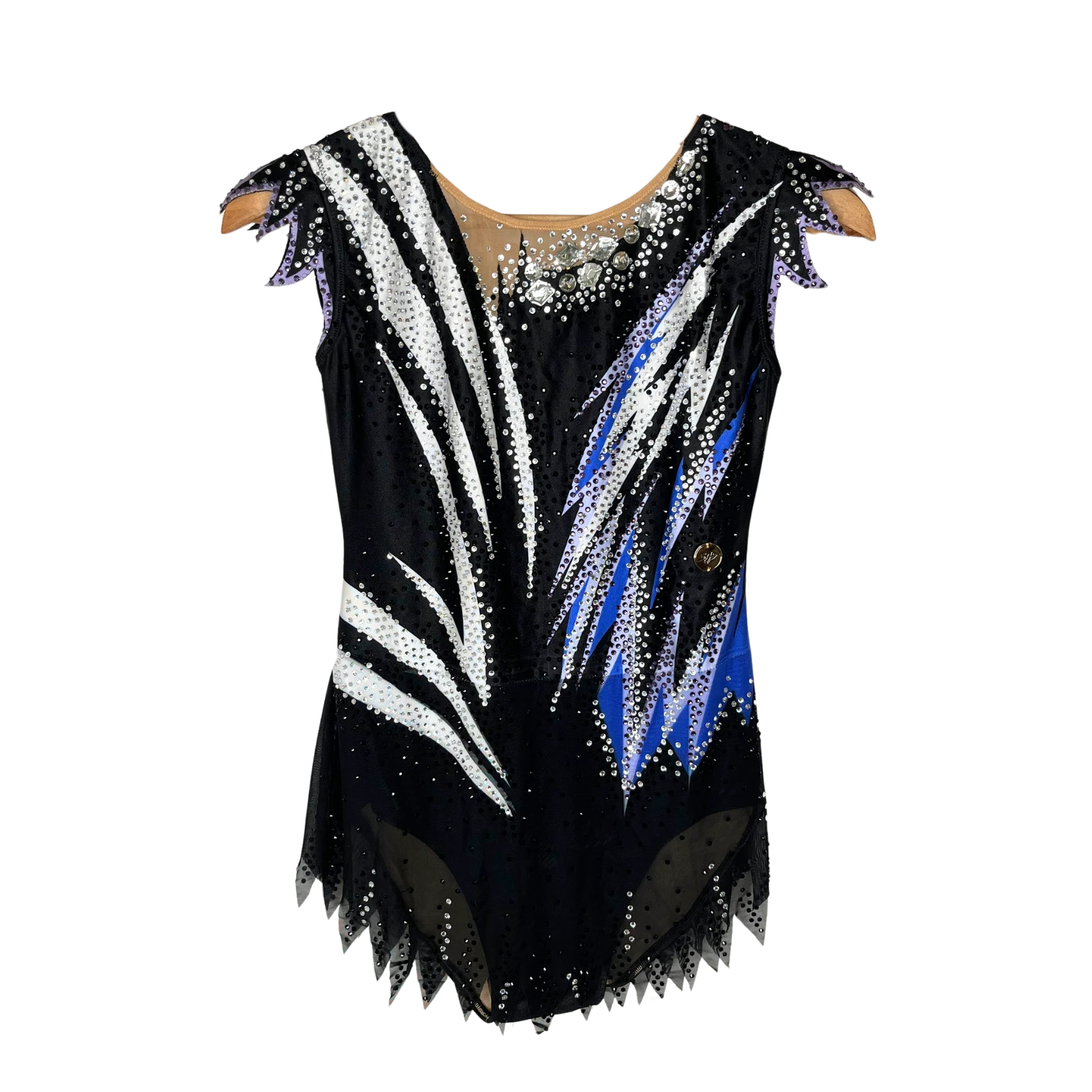 Justaucorps de gymnastique rythmique noir sans manches avec motif flammes blanches et bleu roi en strass et jupe à pointes asymétriques