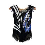 Justaucorps de gymnastique rythmique noir sans manches avec motif flammes blanches et bleu roi en strass et jupe à pointes asymétriques