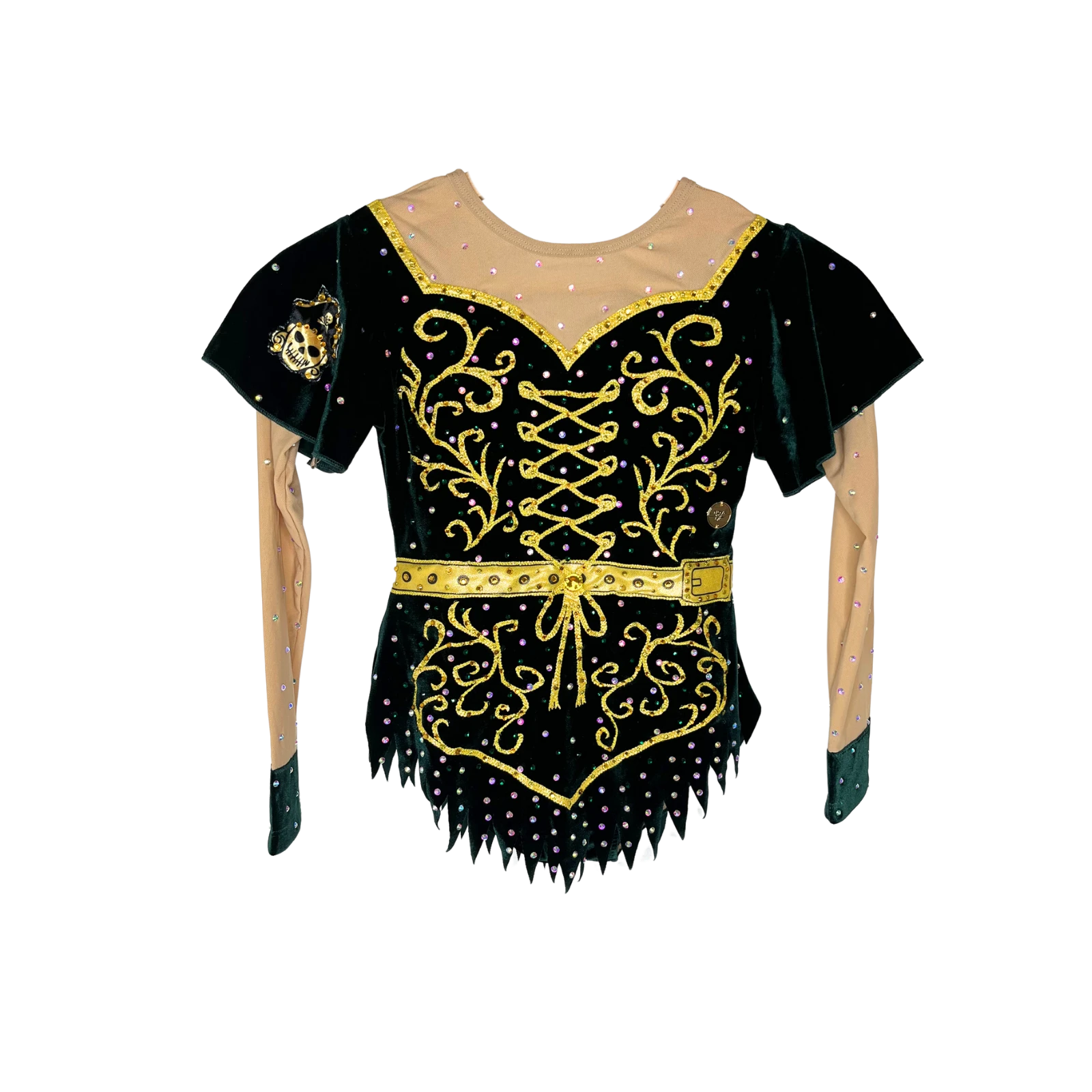 Justaucorps de gymnastique rythmique vert foncé velours à manches courtes papillon avec broderies dorées corset, ceinture dorée et jupe à pointes