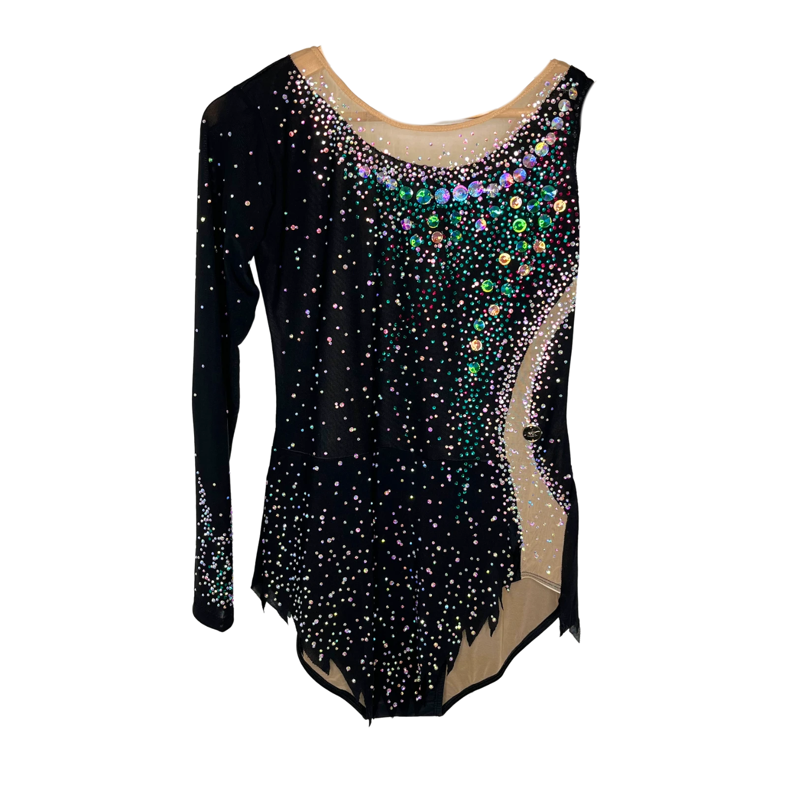 Justaucorps de gymnastique rythmique noir à manches asymétriques mesh chair avec strass cristal AB et pierres irisées vertes et roses