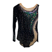 Justaucorps de gymnastique rythmique noir à manches asymétriques mesh chair avec strass cristal AB et pierres irisées vertes et roses