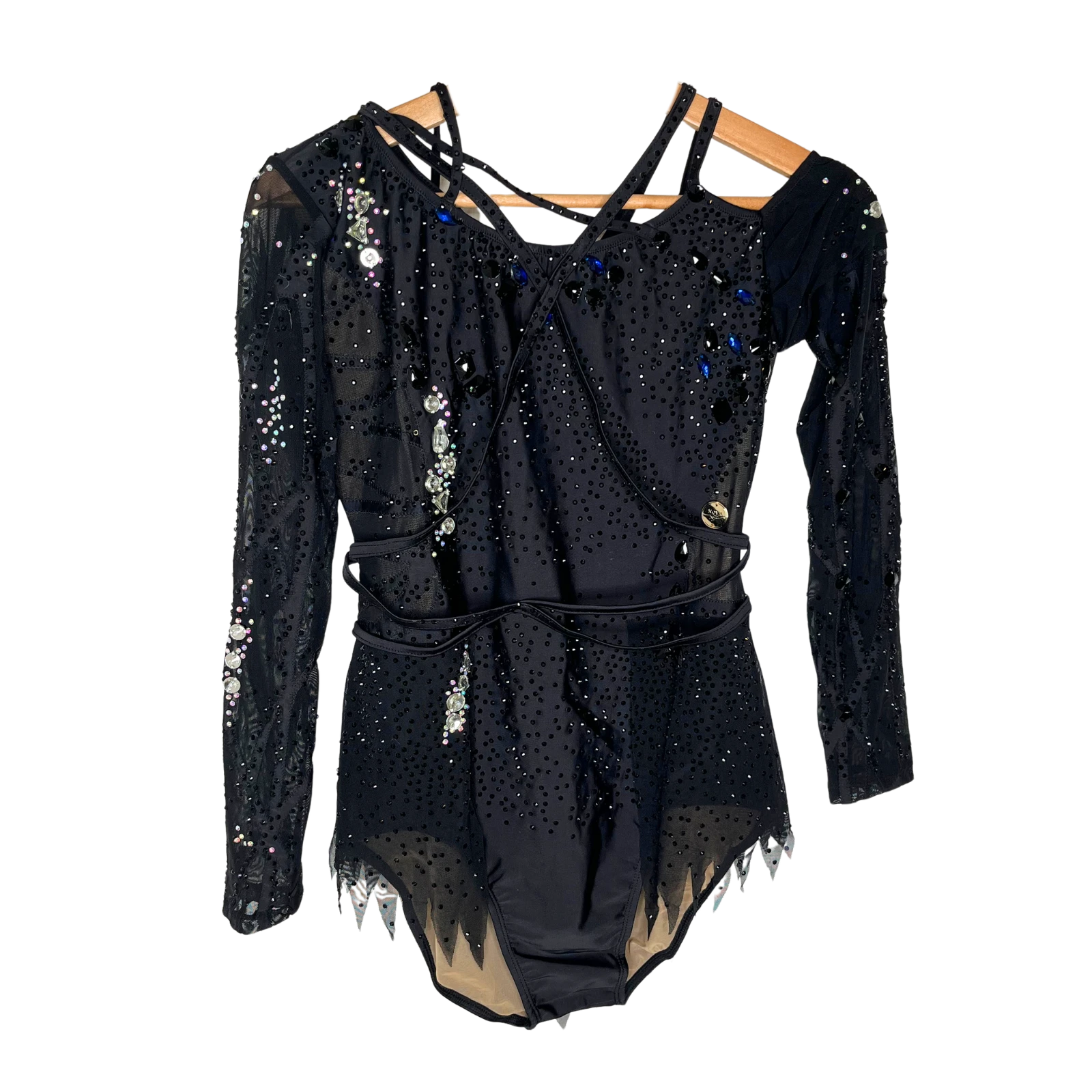 Justaucorps de gymnastique rythmique noir à manches longues mesh avec bretelles entrelacées, strass noirs et pierres taillées cristal AB