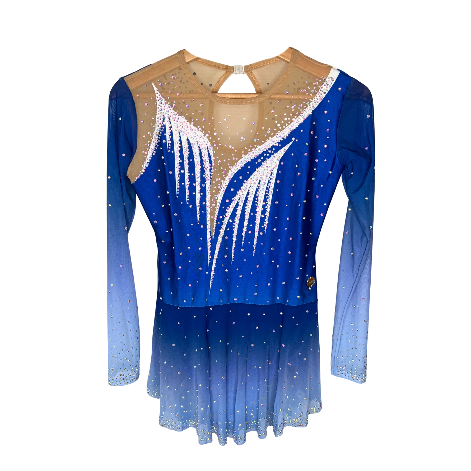Justaucorps de gymnastique rythmique bleu roi à manches longues mesh dégradées avec motif ailes blanches en strass et jupe vaporeuse dégradée