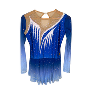 Justaucorps de gymnastique rythmique bleu roi à manches longues mesh dégradées avec motif ailes blanches en strass et jupe vaporeuse dégradée