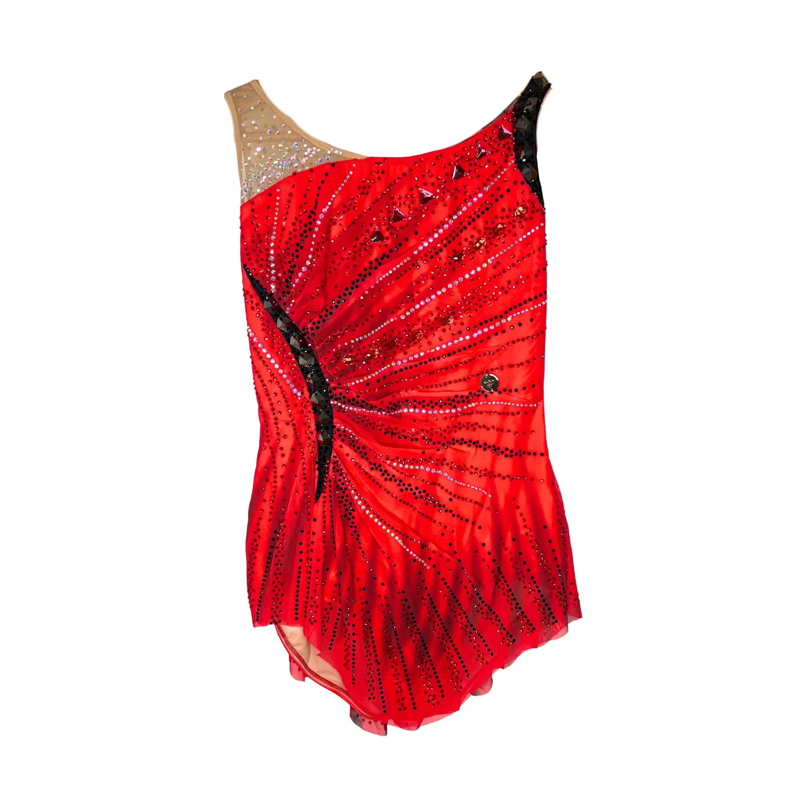 Justaucorps de gymnastique rythmique rouge sans manches avec rayonnement asymétrique, accents noirs et dorés et strass en éventail