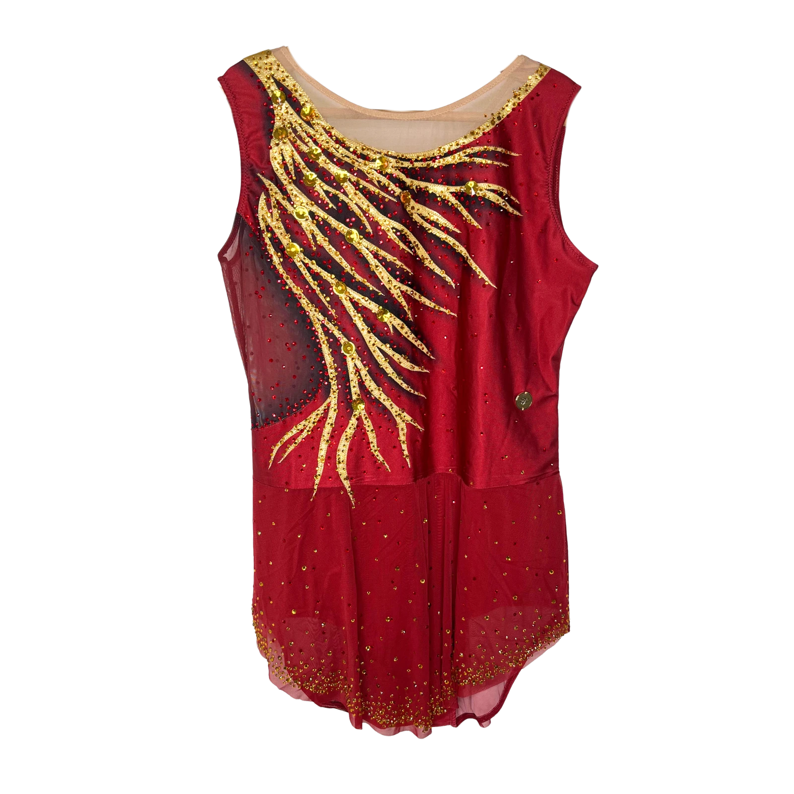 Justaucorps de gymnastique rythmique rouge bordeaux sans manches avec motif plumes dorées et noires en strass et jupette fluide