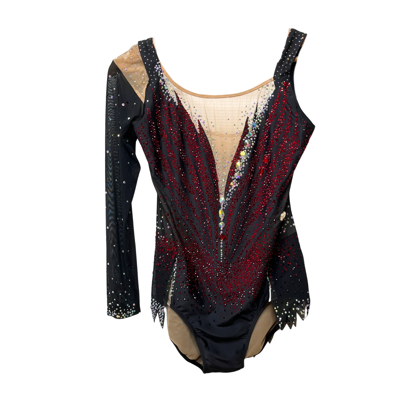 Justaucorps de gymnastique rythmique noir à manches longues mesh avec strass rouges en éventail rayonnant et bordures en pointes