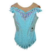 Justaucorps de gymnastique rythmique bleu turquoise sans manches avec encolure plissée, strass cristal AB en cascade et bas en pointes