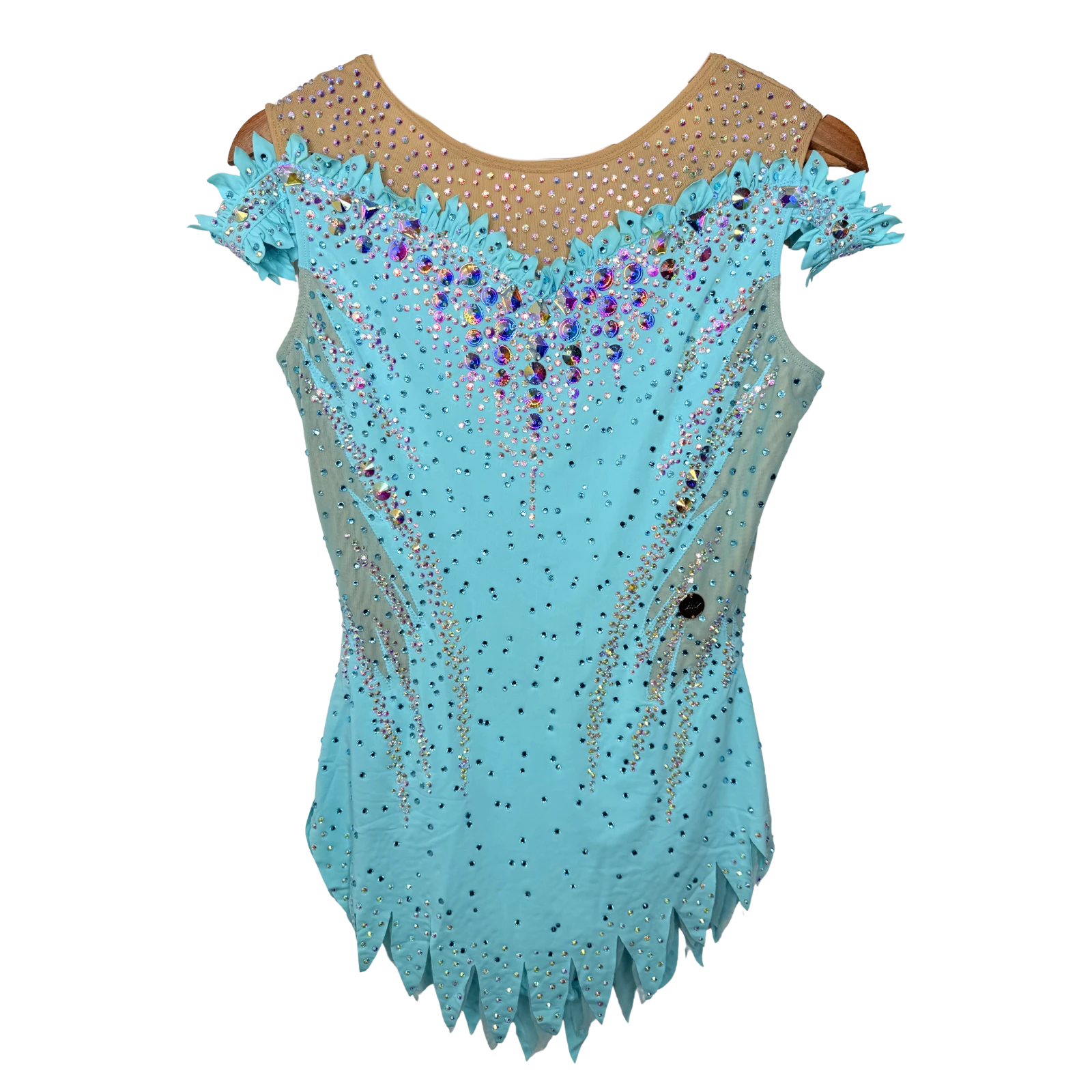 Justaucorps de gymnastique rythmique bleu turquoise sans manches avec encolure plissée, strass cristal AB en cascade et bas en pointes