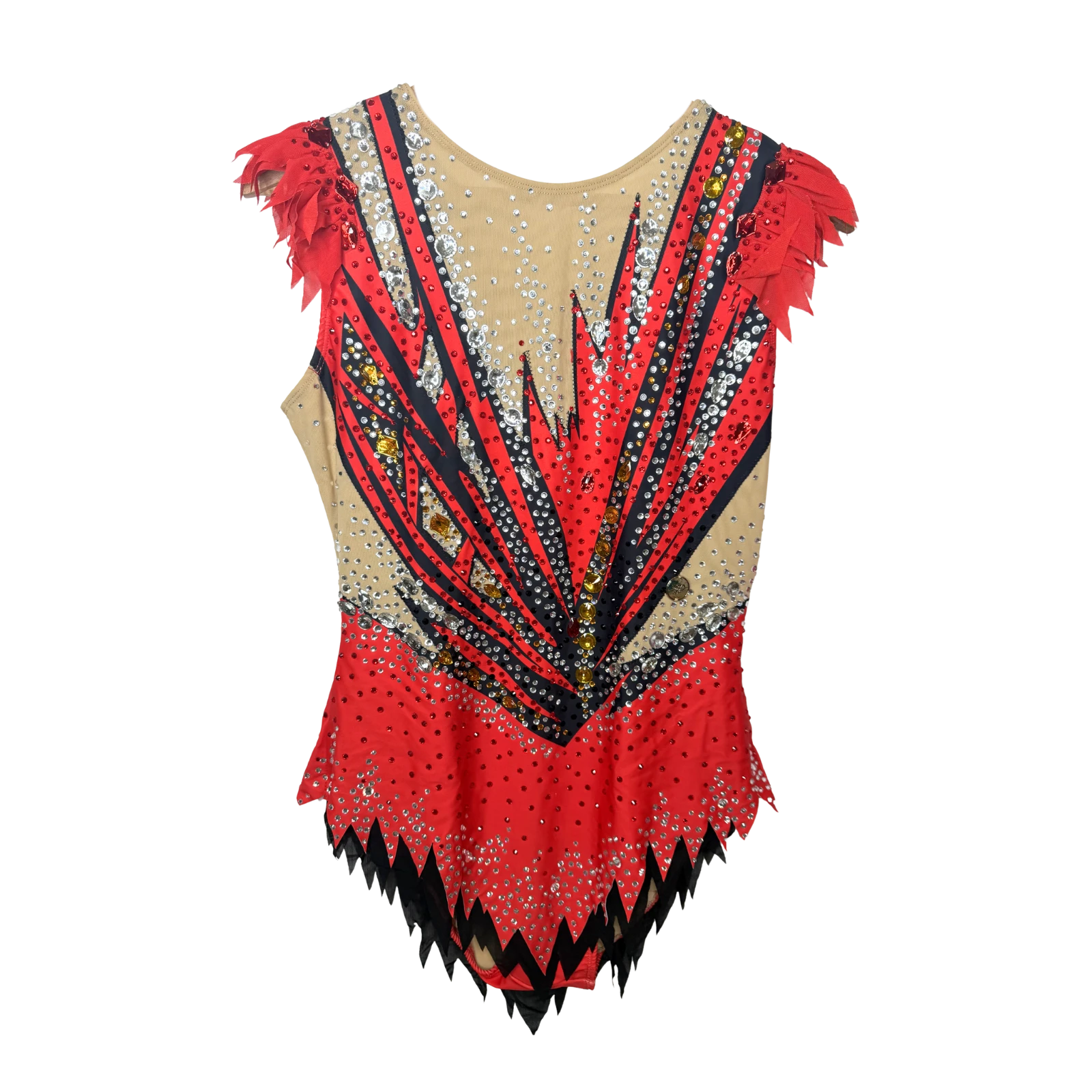 Justaucorps de gymnastique rythmique rouge corail sans manches avec épaulettes en plumes, motif flammes en strass cristal AB et jupe à pointes