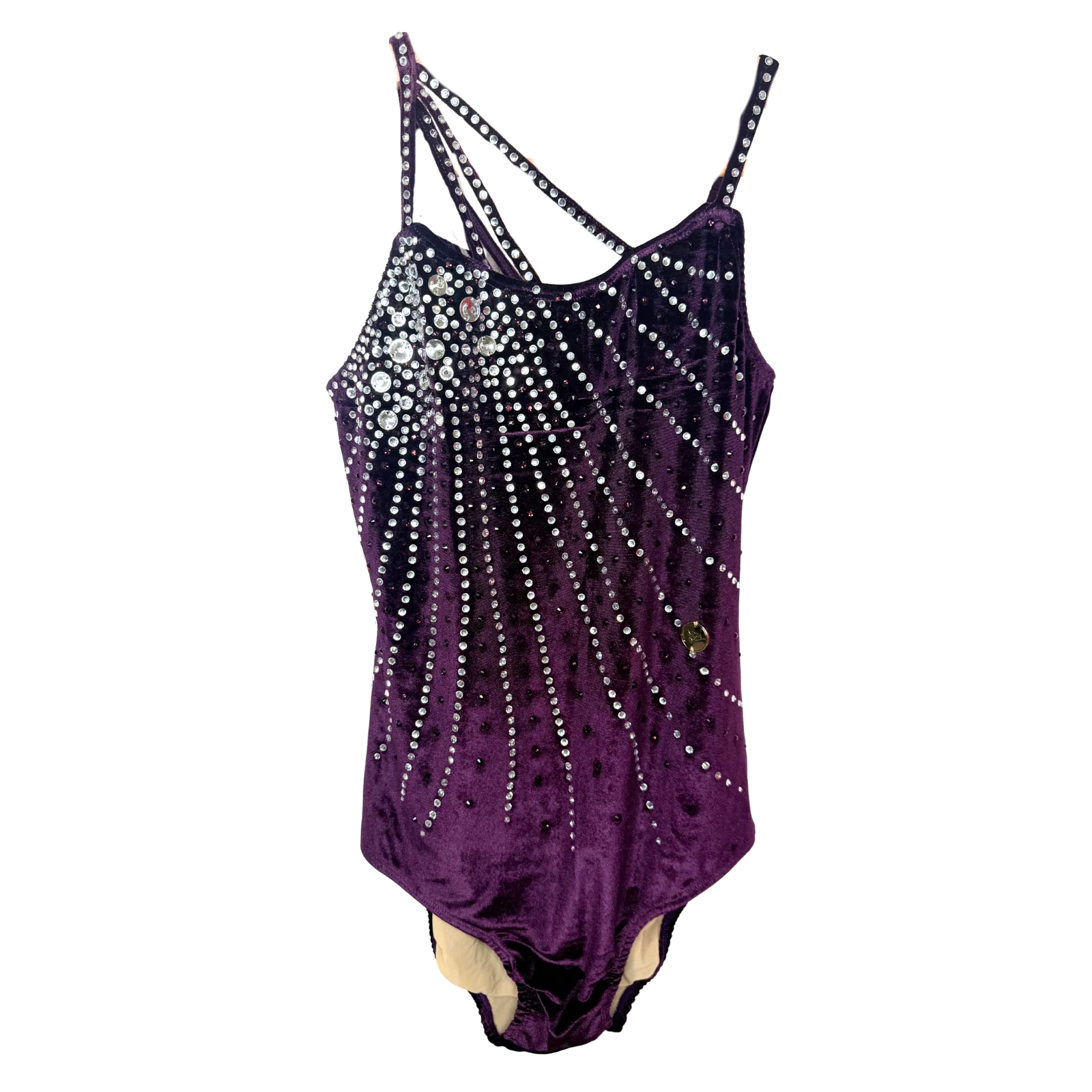 Justaucorps de gymnastique rythmique violet aubergine velours sans manches à bretelles entrelacées et strass argentés en cascade