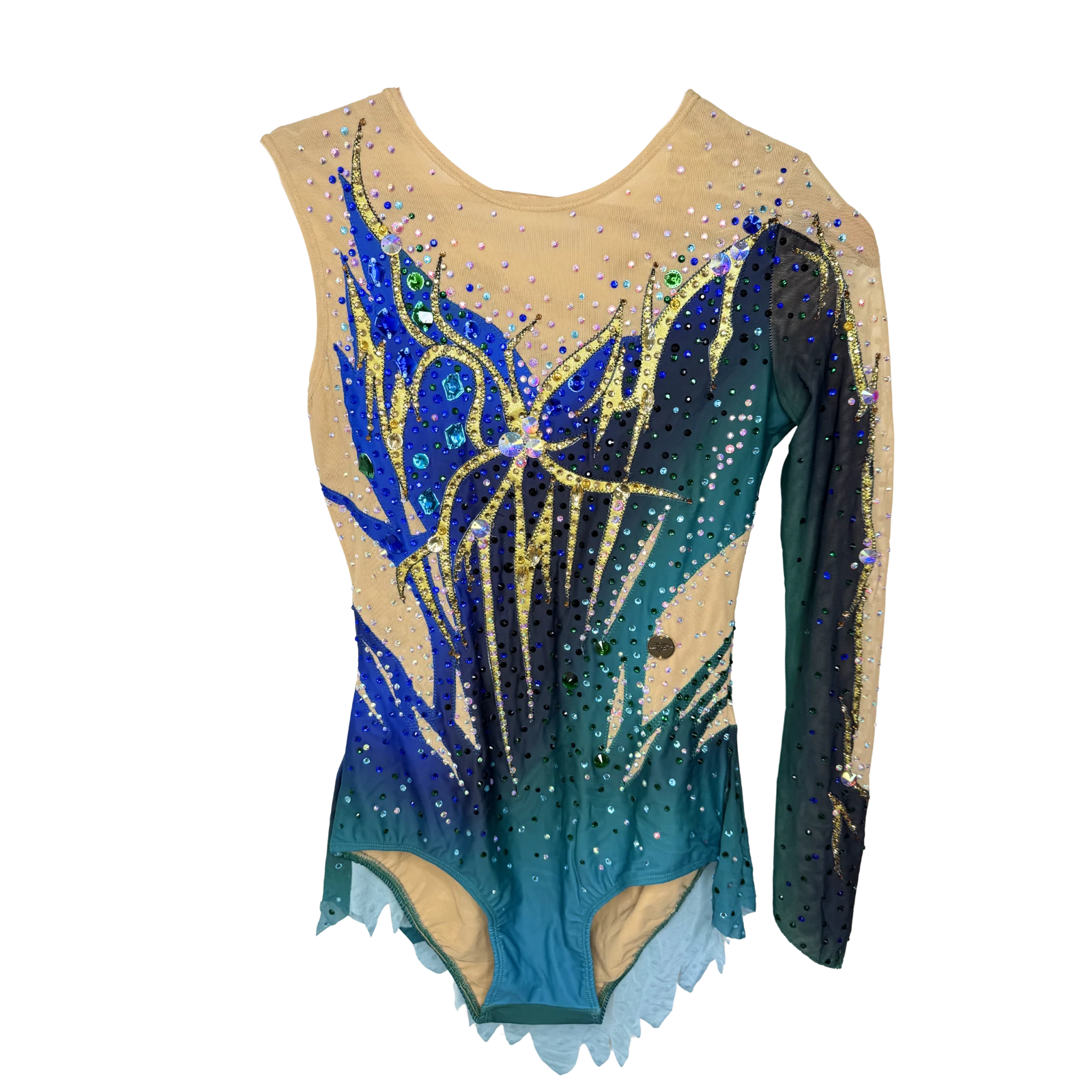 Justaucorps de gymnastique rythmique en dégradé bleu et vert d'eau à manches asymétriques avec broderies dorées en flammes et strass cristal AB