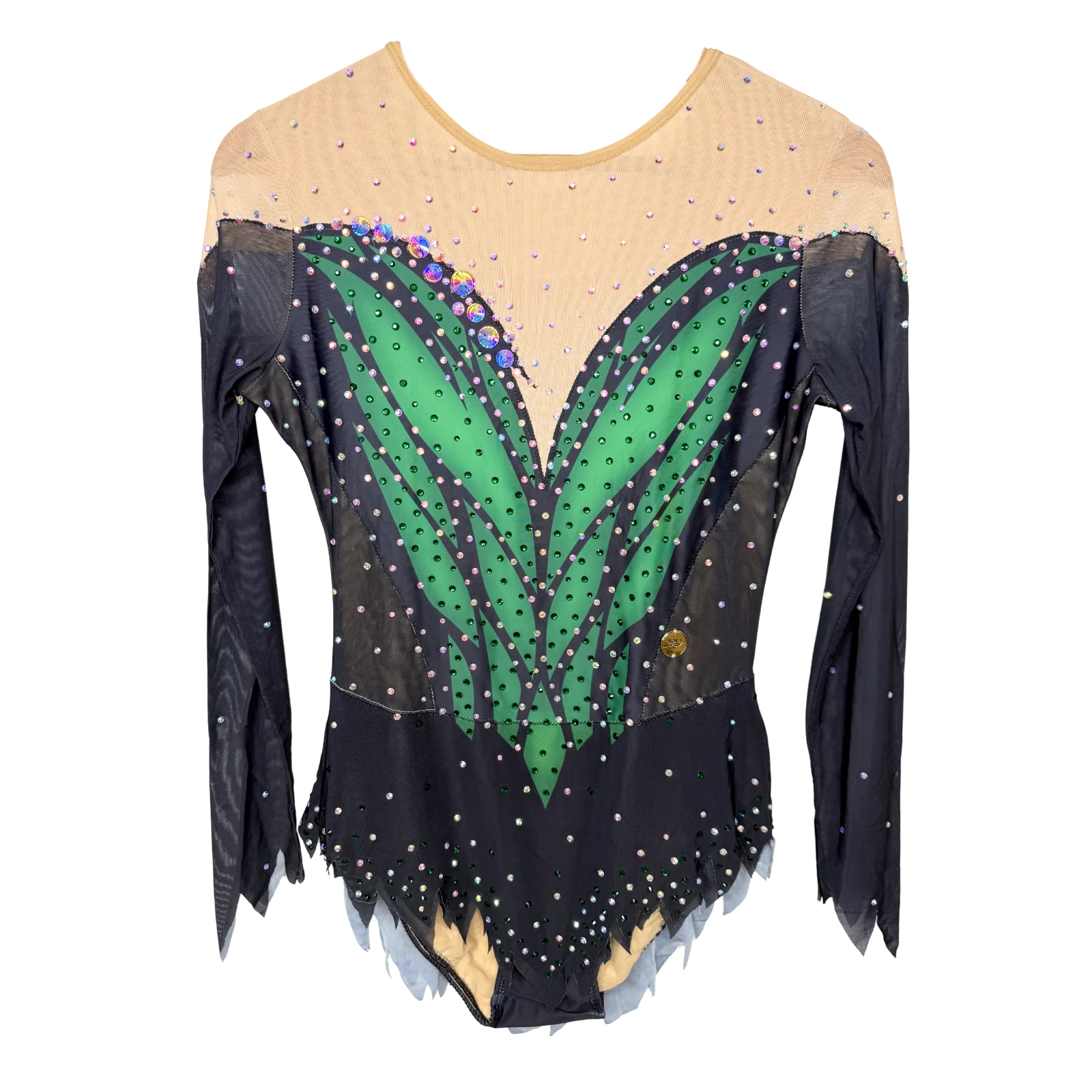 Justaucorps de gymnastique rythmique noir et vert émeraude à manches longues mesh avec motif feuille centrale et strass cristal AB