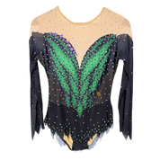 Justaucorps de gymnastique rythmique noir et vert émeraude à manches longues mesh avec motif feuille centrale et strass cristal AB