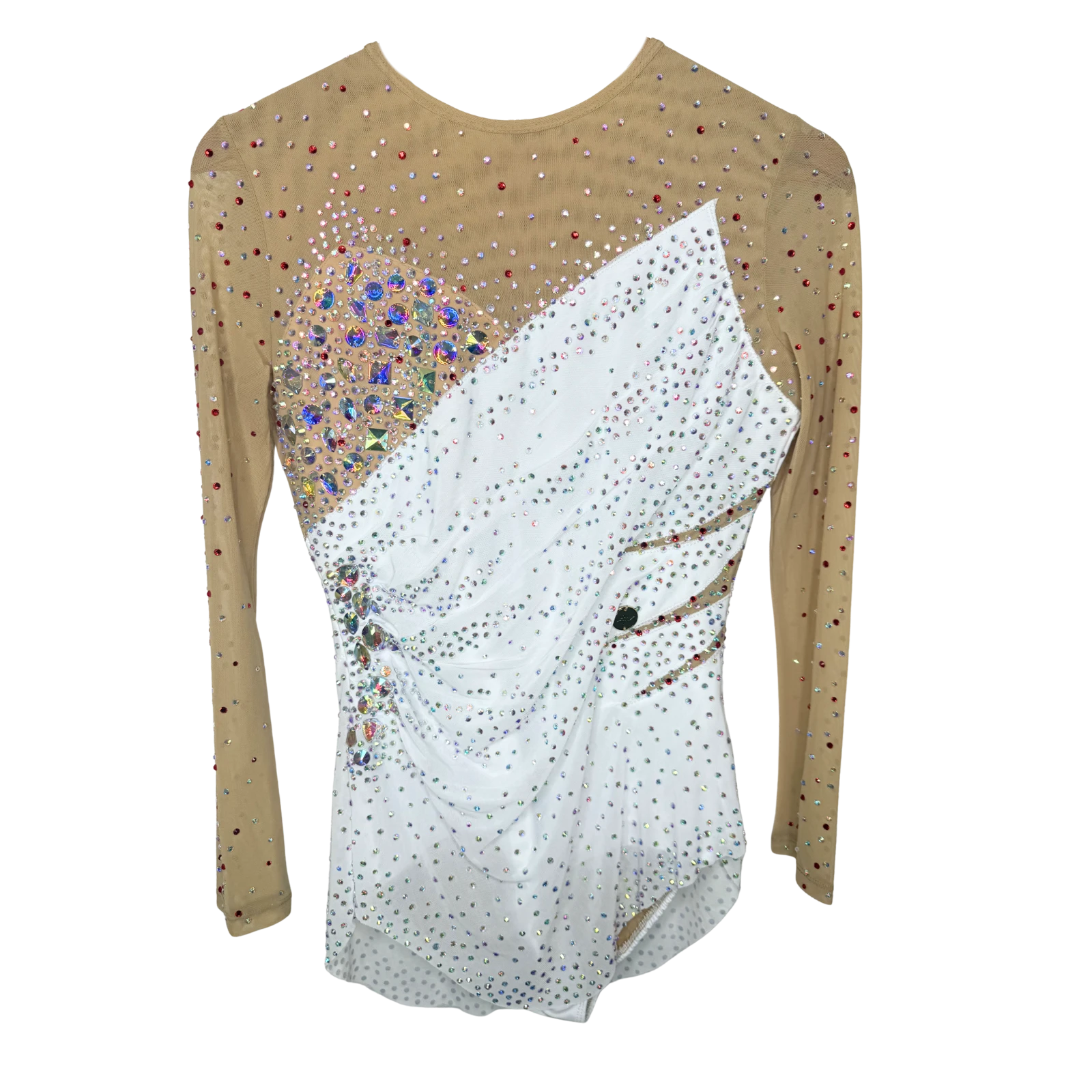Justaucorps de gymnastique rythmique blanc et mesh chair à manches longues avec drapé asymétrique et pierres irisées multicolores