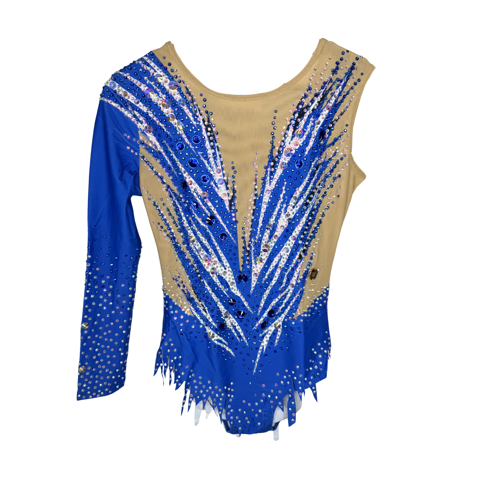 Justaucorps de gymnastique rythmique bleu roi à manches asymétriques avec motif central rayonnant en strass cristal AB et bleus, jupette à pointes