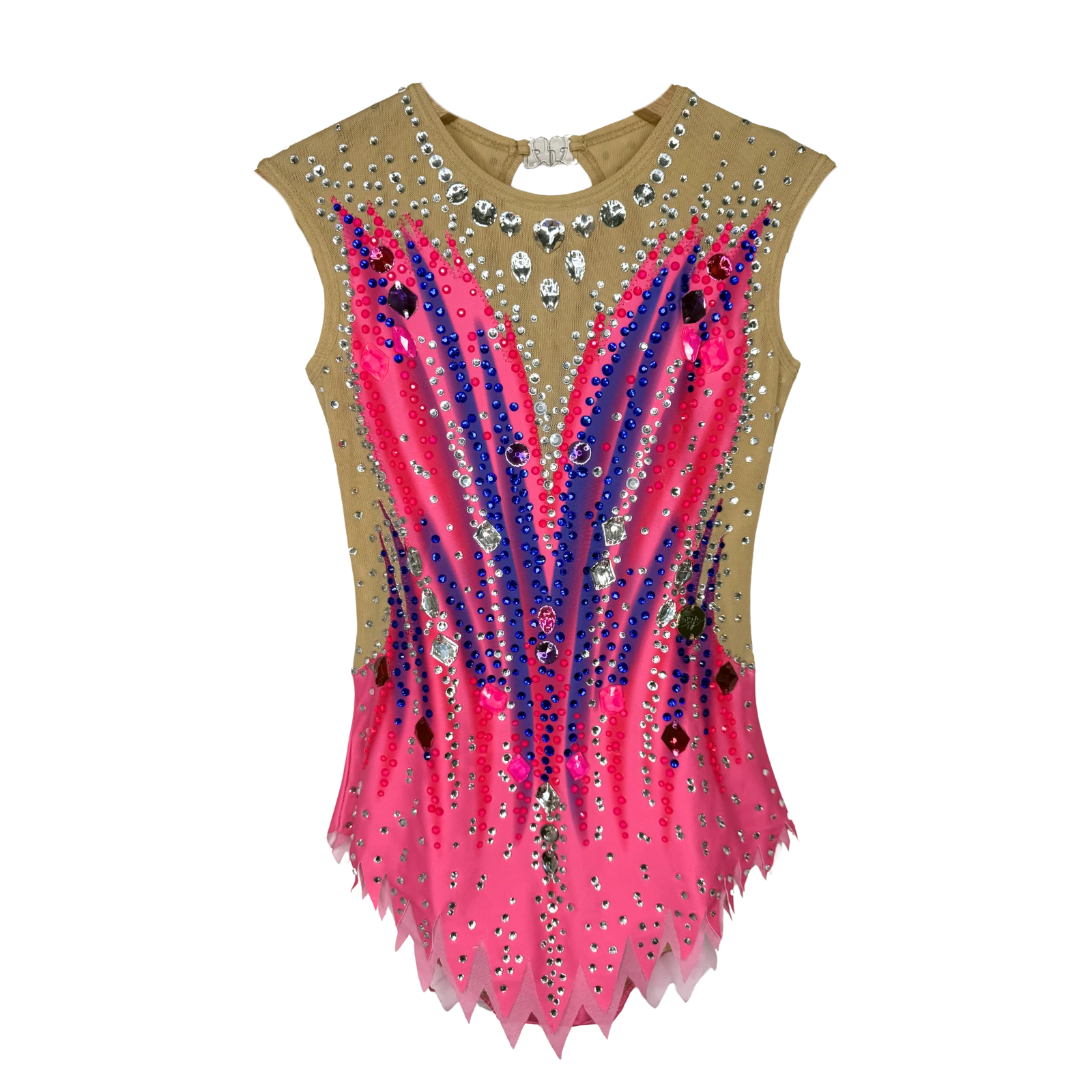 Justaucorps de gymnastique rythmique en dégradé rose et violet sans manches avec décolleté illusion, pierres bleues et roses et jupe à pointes