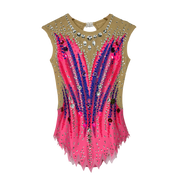 Justaucorps de gymnastique rythmique en dégradé rose et violet sans manches avec décolleté illusion, pierres bleues et roses et jupe à pointes